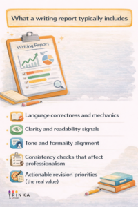 What a writing report typically includes